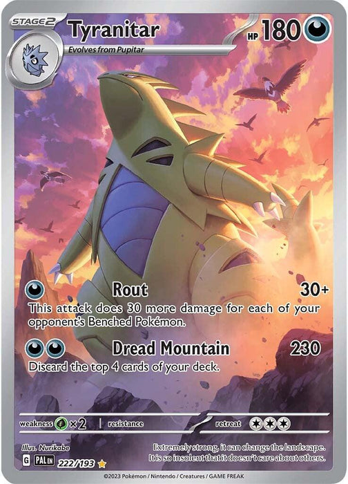 A Pokémon Tyranitar (222/193) [Scarlet & Violet: Paldea Evolved] from the Scarlet & Violet series featuring Tyranitar, a large dinosaur-like creature with rock-like skin. This Illustration Rare has 180 HP and is depicted amid a dramatic, fiery landscape during sunset. Its moves are "Rout" and "Dread Mountain," evolving from Pupitar, with various stats and game mechanics.
