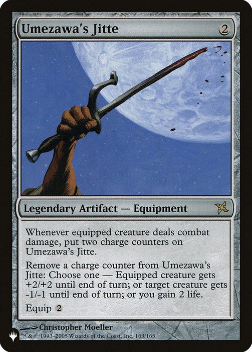 A Magic: The Gathering card titled "Umezawa's Jitte [The List]." It costs 2 colorless mana and is a rare, legendary artifact equipment. The card illustration depicts a hand holding a jitte against a backdrop of a large moon. The card text details its effects when equipped to a creature in combat.