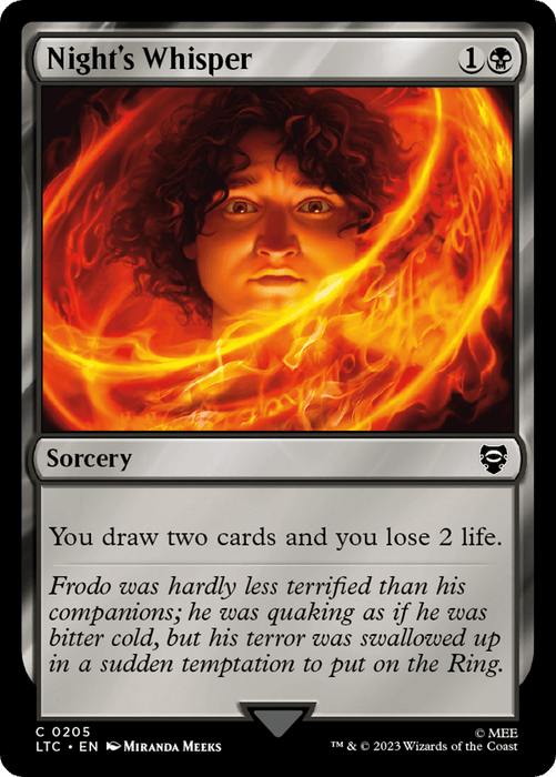 A Magic: The Gathering card named "Night's Whisper [The Lord of the Rings: Tales of Middle-Earth Commander]" featuring artwork of a person with a glowing gaze, surrounded by a swirling, fiery aura. This sorcery allows the player to draw two cards and lose 2 life, with a quote below referencing Frodo from The Lord of the Rings.