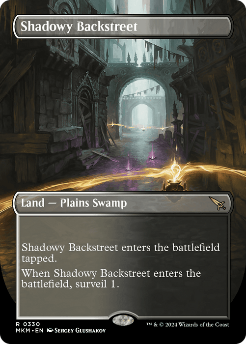 A Magic: The Gathering card titled "Shadowy Backstreet (Borderless) [Murders at Karlov Manor]." It depicts a dimly lit, narrow alley with ancient, crumbling archways and cobblestone paths. There’s a faint purple glow from Karlov Manor and an ominous, misty atmosphere. The card is a Plains Swamp land type with special tap and surveil abilities.