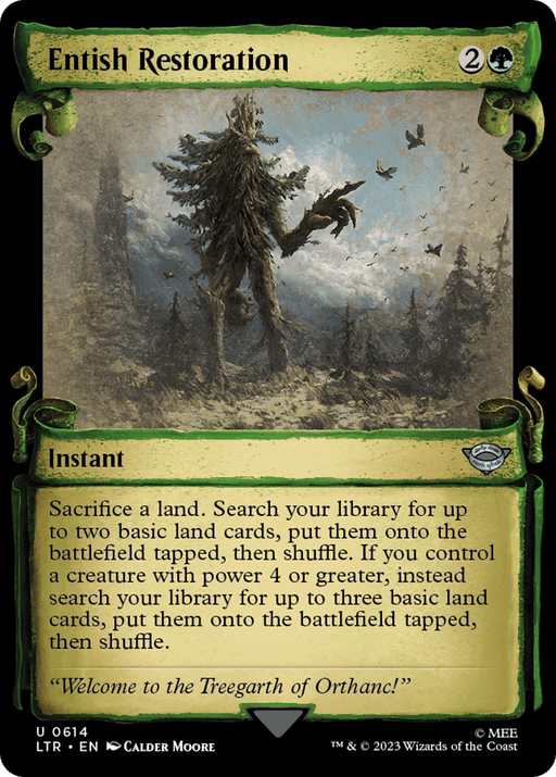 The image shows a Magic: The Gathering card named Entish Restoration [The Lord of the Rings: Tales of Middle-Earth Showcase Scrolls]. It features a towering tree-like creature in a desolate landscape holding a glowing green orb. As an instant with a cost of 2 colorless mana and 1 green mana, its text describes abilities involving basic land cards.