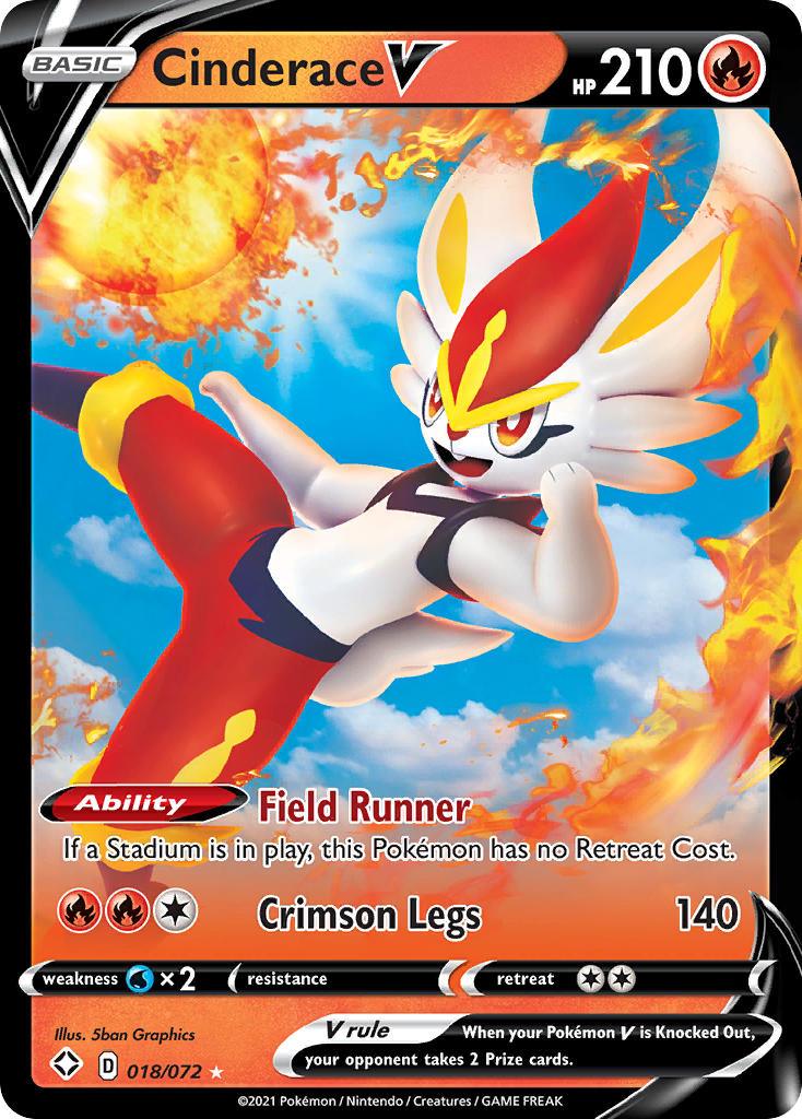 The image is of a Pokémon trading card featuring Cinderace V (018/072) [Sword & Shield: Shining Fates] from the Pokémon set. The card displays Cinderace, a bipedal, humanoid rabbit-like Pokémon with fiery red and white fur, amid swirling flames. This Ultra Rare card highlights Cinderace V's abilities and stats, including 210 HP, 