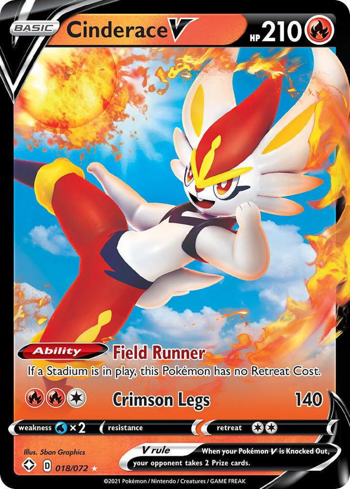 The image is of a Pokémon trading card featuring Cinderace V (018/072) [Sword & Shield: Shining Fates] from the Pokémon set. The card displays Cinderace, a bipedal, humanoid rabbit-like Pokémon with fiery red and white fur, amid swirling flames. This Ultra Rare card highlights Cinderace V's abilities and stats, including 210 HP, "Field Runner" ability, and "Crimson Legs."

