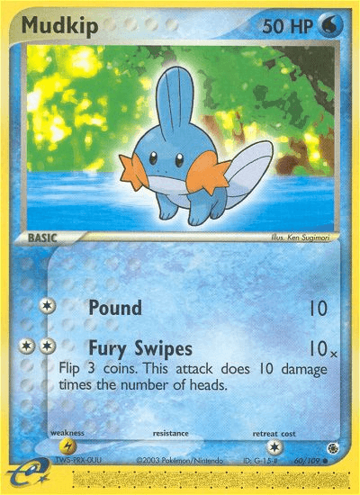 A Pokémon Mudkip (60/109) [EX: Ruby & Sapphire] card featuring Mudkip from the Ruby & Sapphire series. Mudkip is a small, blue amphibious creature with an orange frill on its cheeks and a tail fin. The card, boasting 50 HP and Water Type classification, displays Common Rarity with two attacks: Pound (10 damage) and Fury Swipes (10x damage). It’s card number 60/109.