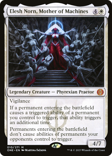 A Magic: The Gathering card titled "Elesh Norn, Mother of Machines [Phyrexia: All Will Be One]," features a white-bordered Mythic legendary creature with a Phyrexian Praetor type. Costing four generic and one white mana, it has 4 power and 7 toughness, vigilance, and two abilities affecting triggered abilities and permanents. Card number 010/271 is illustrated by Martina Facková.