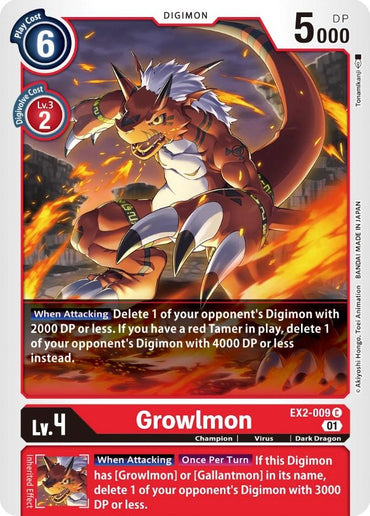 The image displays a Digimon card featuring Growlmon, a formidable red Dark Dragon with sharp claws, yellow eyes, and a bladed tail. Under the brand name Digimon, this card carries the product designation Growlmon [EX2-009] [Digital Hazard]. It requires a play cost of 6 and possesses 5000 DP; it can digivolve for 2 from a Level 3 Digimon. The Digital Hazard abilities are explained at the bottom of the card.