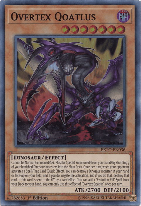 The image showcases a Yu-Gi-Oh! trading card titled "Overtex Qoatlus [EXFO-EN036] Super Rare," a formidable Dinosaur monster with dark purple scales, red claws, and a glowing blue chest. Set against an ominous backdrop, this Effect Monster boasts 2700 ATK and 2100 DEF. It pairs seamlessly with the Evolution Pill card for powerful plays.