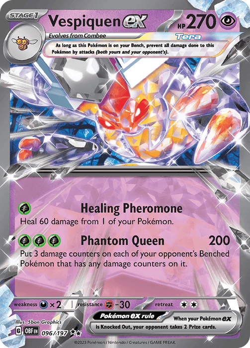 A Pokémon Vespiquen ex (096/197) [Scarlet & Violet: Obsidian Flames] card from the Scarlet & Violet series depicting Vespiquen ex, a bee-like creature, with a shimmering, purple holographic background. Vespiquen ex has 270 HP and boasts two moves: Healing Pheromone heals 60 damage, and Phantom Queen deals 200 damage while placing damage counters on benched Pokémon.