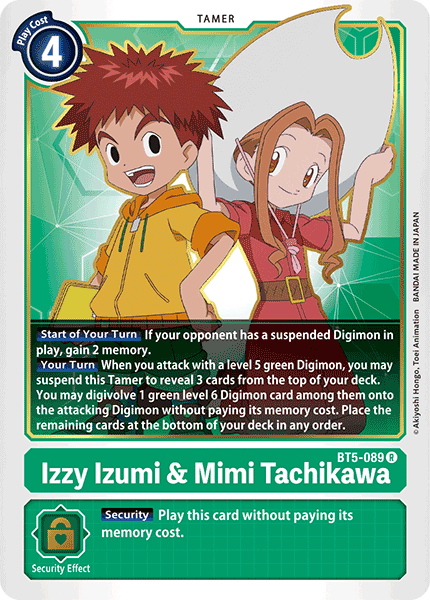 A Digimon card titled "Izzy Izumi & Mimi Tachikawa [BT5-089] [Battle of Omni]." It depicts a red-haired boy in a green jacket and a girl with long light-brown hair wearing a large white hat and pink dress. The card, part of the Battle of Omni series, details various tamer abilities and has a green border with security effects.