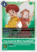 A Digimon card titled "Izzy Izumi & Mimi Tachikawa [BT5-089] [Battle of Omni]." It depicts a red-haired boy in a green jacket and a girl with long light-brown hair wearing a large white hat and pink dress. The card, part of the Battle of Omni series, details various tamer abilities and has a green border with security effects.