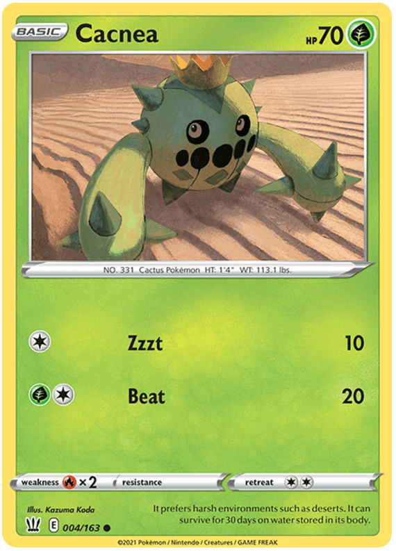 Image of a Pokémon trading card from the Pokémon series featuring Cacnea (004/163) [Sword & Shield: Battle Styles]. This Grass-type Basic Pokémon is depicted as a green, round, cactus-like creature with stubby arms and black diamond-shaped markings. With 70 HP, it has two attacks: 