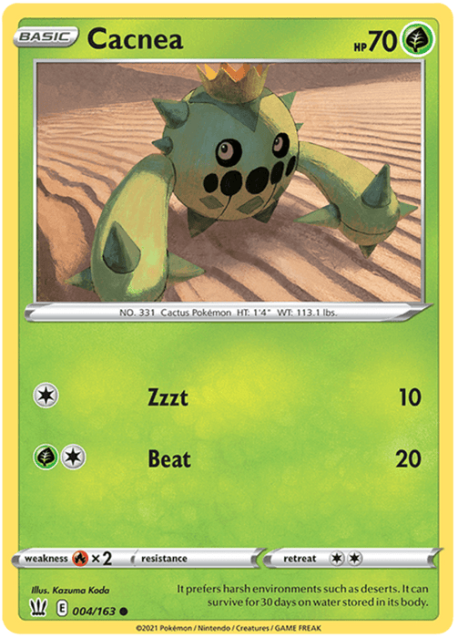 Image of a Pokémon trading card from the Pokémon series featuring Cacnea (004/163) [Sword & Shield: Battle Styles]. This Grass-type Basic Pokémon is depicted as a green, round, cactus-like creature with stubby arms and black diamond-shaped markings. With 70 HP, it has two attacks: "Zzzt" for 10 damage and "Beat" for 20 damage. Art by Kazuma Koda.