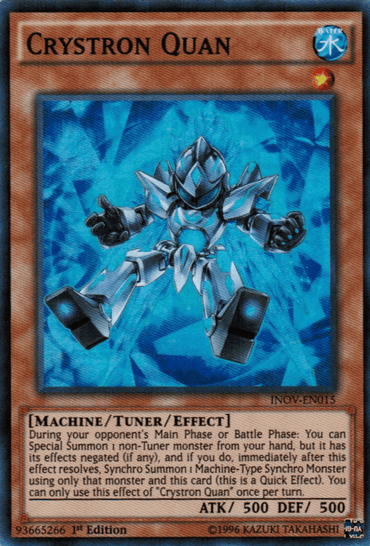 The image showcases a "Crystron Quan [INOV-EN015] Super Rare" Yu-Gi-Oh! trading card. The card features an armored, mechanical humanoid figure with blue highlights standing in a battle-ready pose. Text below the image details the card's type as [Machine/Tuner Monster/Effect], its effects, along with the ATK of 500 and DEF of 500.