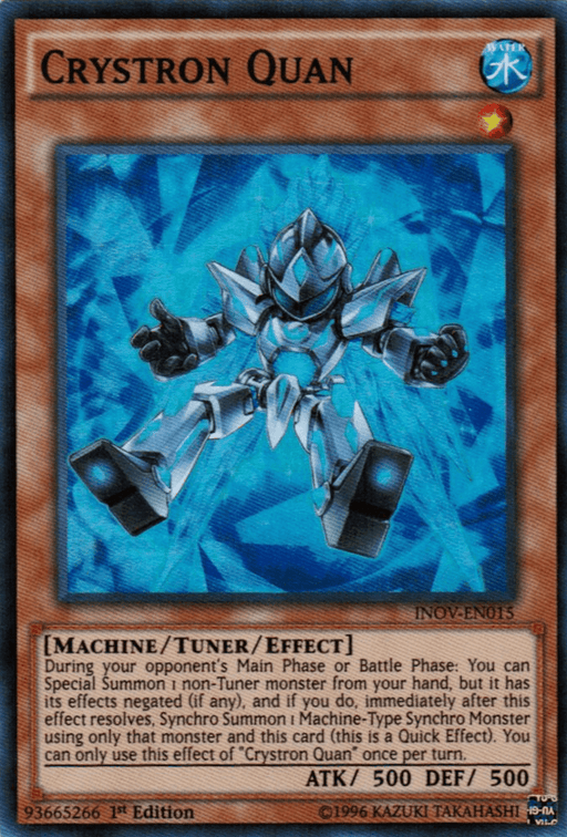 The image showcases a "Crystron Quan [INOV-EN015] Super Rare" Yu-Gi-Oh! trading card. The card features an armored, mechanical humanoid figure with blue highlights standing in a battle-ready pose. Text below the image details the card's type as [Machine/Tuner Monster/Effect], its effects, along with the ATK of 500 and DEF of 500.