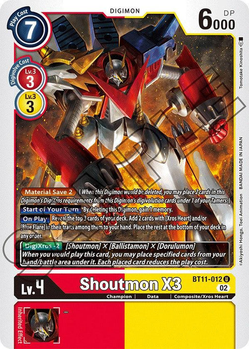 Image of a Digimon trading card. The card features Shoutmon X3 [BT11-012] [Dimensional Phase], a Champion Digimon that's mechanical and armored. It has a play cost of 7 and a DP of 6000. The text details its abilities: Material Save 2, DigiXros cost, and BT11-012 U code. The card is predominantly yellow with red sections.
