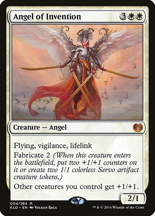 A Magic: The Gathering card titled "Angel of Invention [Kaladesh]." It costs 3 colorless and 2 white mana to play. The card features an armored angel with wings, holding a spear against a bright, ethereal background. Text: Flying vigilance lifelink, Fabricate 2, other creatures you control get +1/+1 counters. Power/Toughness 2/1.