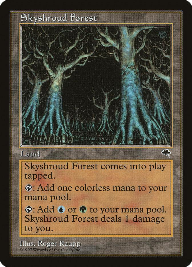 The Magic: The Gathering card "Skyshroud Forest [Tempest]" is a Rare Land card featuring artwork by Roger Raupp that depicts a dark, eerie forest with twisted, gnarled trees. Released in 1997, the card text outlines its abilities and drawbacks.