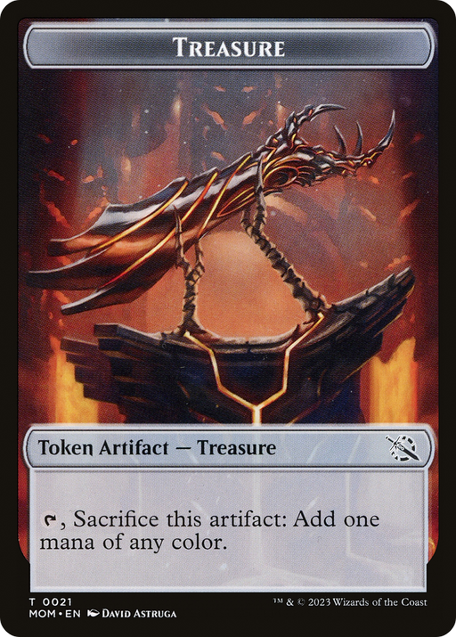 Magic: The Gathering card titled "Treasure (21) // Spirit (13) Double-Sided Token [March of the Machine Tokens]." The card is a Token Artifact type with the ability, "Tap, Sacrifice this artifact: Add one mana of any color." The illustration depicts a dragon-shaped artifact on a pedestal, set against a glowing, fiery background reminiscent of March of the Machine Tokens.