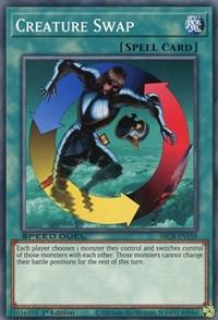 A "Yu-Gi-Oh!" Normal Spell Card titled "Creature Swap [SBCB-EN159] Common." The artwork depicts two creatures being swapped, as indicated by arrows in a circular motion. One creature, a warrior, is leaping forward with a sword while the other is a green, reptilian creature. Text at the bottom explains the spell's effect in Speed Duel Battle City Box format.