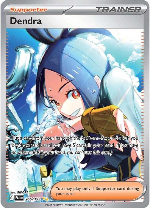 The image showcases a Pokémon Trainer card titled "Dendra (266/193) [Scarlet & Violet: Paldea Evolved]," part of the Scarlet & Violet series by Pokémon. It features an animated girl with long blue hair tied in a ponytail, striking a dynamic pose with water splashing around her. This Special Illustration Rare card's text provides gameplay instructions and limits Supporter cards to one per turn.