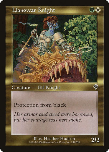 The card "Llanowar Knight [Invasion]" from Magic: The Gathering features an Elf Knight in armor riding a formidable beast. The character holds a lance amid verdant surroundings, and the card's text states: "Protection from black. Her armor and steed were borrowed, but her courage was hers alone." The illustration is by Heather Hudson.