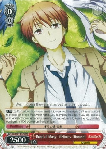 This promo character card from the game Weiß Schwarz features "Bond of Many Lifetimes, Otonashi (AB//W31-E122 PR) (Promo)" from the "Angel Beats! Re:Edit" collection by Bushiroad. The card showcases an anime-style illustration of a young person with brown hair in a school uniform, gently smiling. Detailed stats and narrative text are displayed at the bottom against a decorated background.