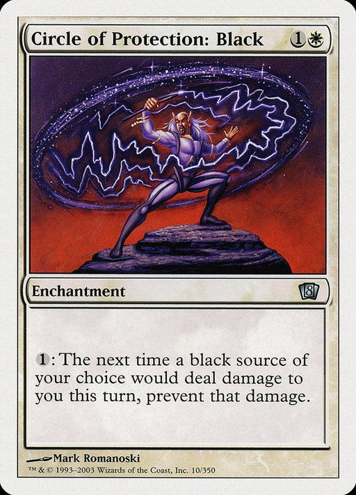 A Magic: The Gathering product titled "Circle of Protection: Black [Eighth Edition]." This white enchantment from Magic: The Gathering costs 1 generic mana and 1 white mana. Its ability allows a player to pay 1 generic mana to prevent damage from a black source. The artwork shows a person in robes emitting a purple shield.