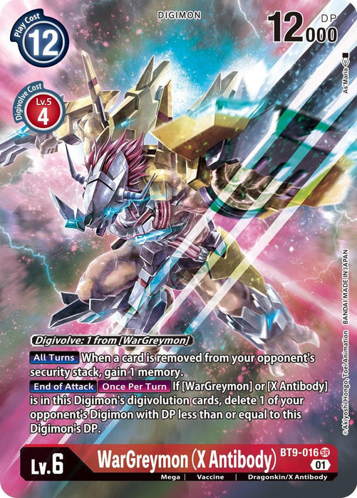 A Digimon trading card featuring WarGreymon (X Antibody) [BT9-016] (Alternate Art) [X Record], a Level 6 Mega Dragonkin Digimon with 12000 DP. The card has a play cost of 12 and a digivolve cost of 4 from a Level 5 Digimon. The detailed card art shows the metallic, dragon-like WarGreymon amidst a burst of light and energy. Text detailing