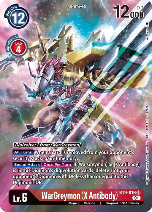 A Digimon trading card featuring WarGreymon (X Antibody) [BT9-016] (Alternate Art) [X Record], a Level 6 Mega Dragonkin Digimon with 12000 DP. The card has a play cost of 12 and a digivolve cost of 4 from a Level 5 Digimon. The detailed card art shows the metallic, dragon-like WarGreymon amidst a burst of light and energy. Text detailing