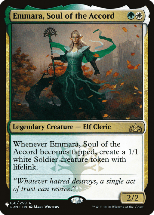 Introducing the Emmara, Soul of the Accord card from the Secret Lair: From Cute to Brute set by Magic: The Gathering. This Legendary Creature card features an elf cleric in a green dress with arms open, surrounded by autumn leaves. Its text reads: "Whenever Emmara, Soul of the Accord becomes tapped, create a 1/1 white Soldier creature token with lifelink." The card boasts power and toughness stats of 2/2.