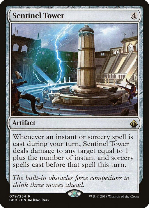 The fantasy card "Sentinel Tower [Battlebond]" showcases a tall, stone structure on a round platform, emitting blue lightning. Buildings and a stormy sky loom in the background. This artifact highlights the Sentinel Tower's ability to deal damage during spell casts and includes flavor text about Battlebond competition. Part of Magic: The Gathering.