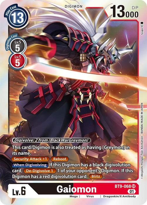 A Digimon Gaiomon [BT9-068] [X Record] card featuring Gaiomon, a powerful Dragonkin/X Antibody warrior with red and black armor, large gauntlets, and glowing yellow eyes. With a DP of 13000 and level 6, the card includes special abilities like Digivolving from BlackWarGreymon and Security Attack +1. The design is vibrant with digital effects.