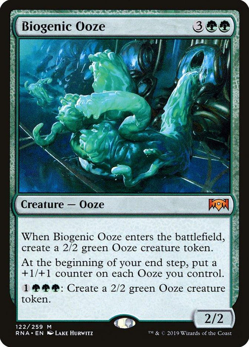A "Magic: The Gathering" card named "Biogenic Ooze [Ravnica Allegiance]." It costs 3GG mana to play and is a green Ooze creature from the RNA set with art by Lake Hurwitz. Abilities include creating a 2/2 green Ooze token, adding +1/+1 counters, and generating additional Ooze tokens for 1GGG. Power/toughness is