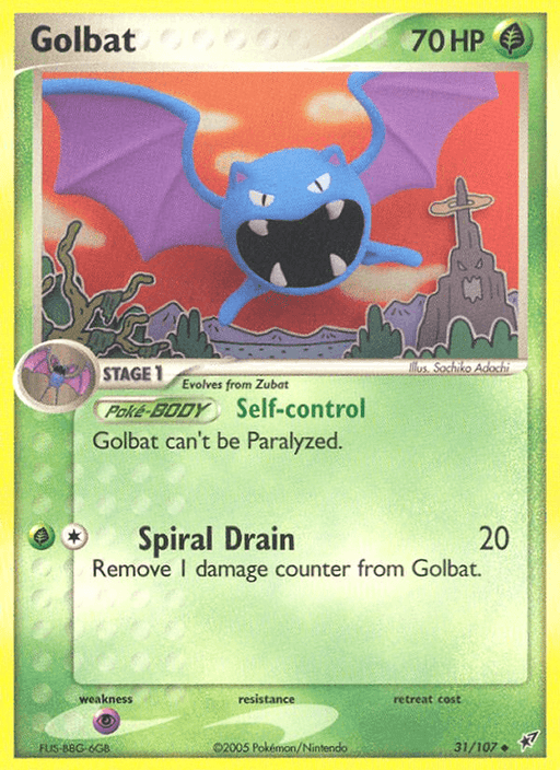 An uncommon Pokémon trading card featuring Golbat (31/107) [EX: Deoxys] from the Pokémon set. The card has a green border and displays an illustration of Golbat, a purple bat-like creature with a large mouth, blue face, and wings spread wide. It has 70 HP and two moves: Self-control (Golbat cannot be Paralyzed) and Spiral Drain (20 damage and remove 1 damage counter).