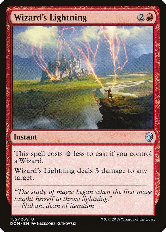 Wizard's Lightning [Dominaria], a card from Magic: The Gathering, features a stormy scene where a castle is battered by crackling lightning bolts. This Instant card demands 2 colorless and 1 red mana to cast. Its powerful ability is enhanced by an intriguing quote from Naban.