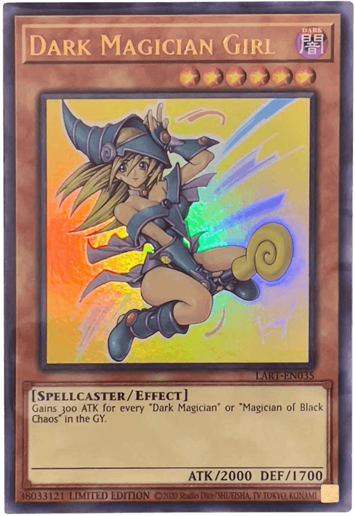 The image showcases a Yu-Gi-Oh! trading card titled "Dark Magician Girl [LART-EN035] Ultra Rare." It features a magical girl in a blue outfit with a matching pointed hat, holding a staff. This Ultra Rare Effect Monster card has an ATK of 2000 and DEF of 1700, and boasts a stunning holographic finish.