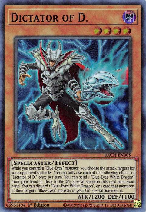 A Yu-Gi-Oh! trading card titled "Dictator of D. [BACH-EN005] Super Rare" shows a menacing, armored character with skeletal features and a cape. From the "Battle of Chaos" set, this SPELLCASTER/EFFECT type card has 1200 ATK and 1100 DEF. Card ID BACH-EN005 from "1st Edition" includes detailed game description text and copyright info.