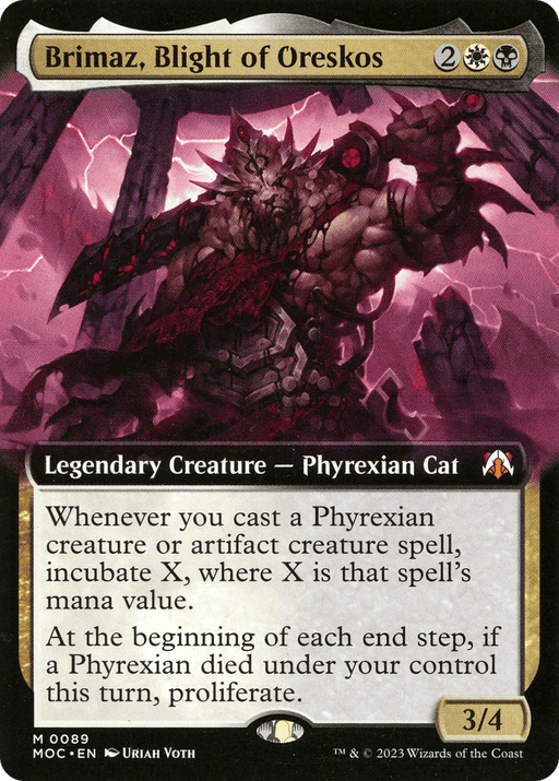 A Magic: The Gathering card named "Brimaz, Blight of Oreskos (Extended Art) [March of the Machine Commander]." This Legendary Creature is an armored, Phyrexian Cat wielding a blade. With a black and white mana cost, 3/4 power/toughness, it has abilities related to casting Phyrexian spells and proliferating when a Phyrexian dies.