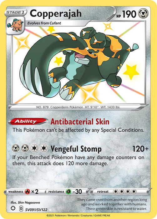 A Copperajah (SV091/SV122) [Sword & Shield: Shining Fates] card from the Pokémon series. This Ultra Rare, blue-green and orange elephant Pokémon is depicted raising its trunk and front leg. The card has 190 HP, an Antibacterial Skin ability, and Vengeful Stomp attack, which deals 120+ damage. Illustrations and game details surround the image.