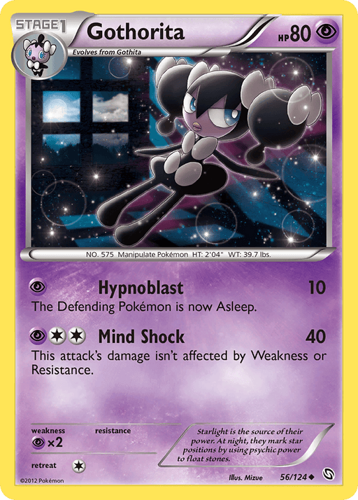 A Pokémon Gothorita (56/124) [Black & White: Dragons Exalted] from the Dragons Exalted series featuring Gothorita. Gothorita is depicted levitating against a starry night sky, with pink eyes, white bows on its head, and primarily black and white coloring. The Black & White card lists moves Hypnoblast and Mind Shock, with various stats and a retreat cost of one energy.
