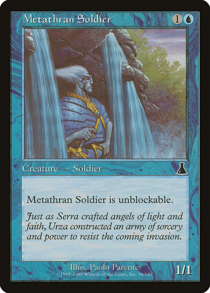 Metathran Soldier [Urza's Destiny] from Magic: The Gathering is a blue Creature card depicting a humanoid warrior with blue skin and armor standing before a waterfall. The card text states, 