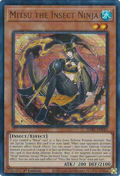 A Yu-Gi-Oh! trading card titled Mitsu the Insect Ninja [DABL-EN016] Ultra Rare. This Ultra Rare Effect Monster features a ninja-like female character with insect attributes, wielding a kunai amidst swirling dark energy. The card is an "Insect/Effect" type with ATK 200 and DEF 2100, and its set number is DABL-EN016.