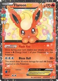 A Pokémon card featuring Flareon EX (RC6/RC32) [Generations: Radiant Collection] from Pokémon. The Ultra Rare card displays a vivid illustration of Flareon with a fiery background. Flareon has large ears, bright eyes, and is surrounded by an orange flame aura. The card details include HP 170, and attacks "Flash Fire" and "Blaze Ball.