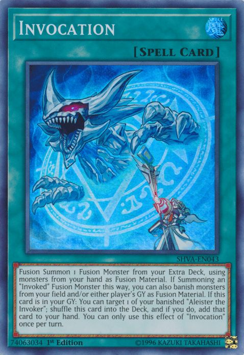 An image of the Yu-Gi-Oh! trading card "Invocation [SHVA-EN043] Super Rare". This spell card features artwork of a monstrous, blue-skinned creature with sharp teeth and claws, framed by a glowing blue circle with mystical symbols. The card text details its function for Fusion Summoning Invoked Fusion Monsters from the Extra Deck.