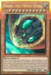 A Yu-Gi-Oh! trading card named "Nibiru, the Primal Being [MAGO-EN019] Gold Rare." This Gold Rare, Effect Monster features an image of a large, glowing meteor hurtling through space with a fiery tail. The card has gold borders and multiple star icons at the top, signifying its powerful status. Its attack and defense stats are 3000 and 600, respectively.
