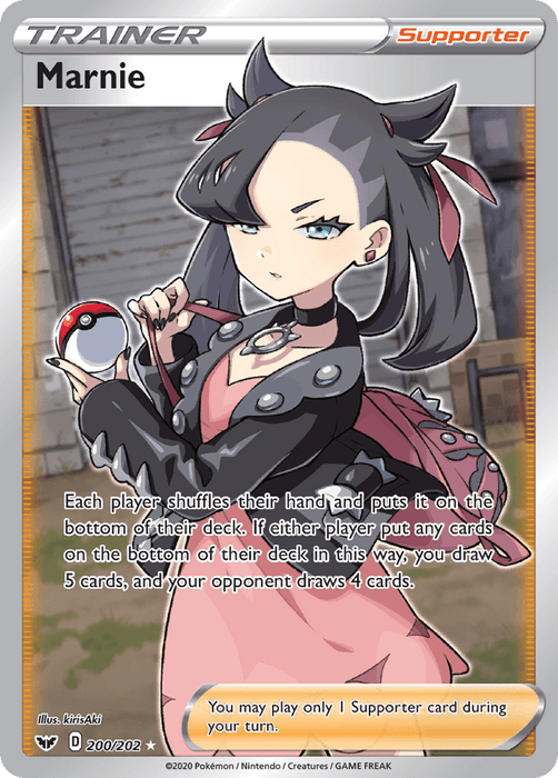 A Pokémon trading card, **Marnie (200/202) [Sword & Shield: Base Set]** from Pokémon, features Marnie, a character with short black hair, pink highlights, and a focused expression. She is dressed in a black jacket with pink lining, holding a Pokéball. As an Ultra Rare Supporter card, it instructs each player to shuffle their hand into their deck and draw cards.