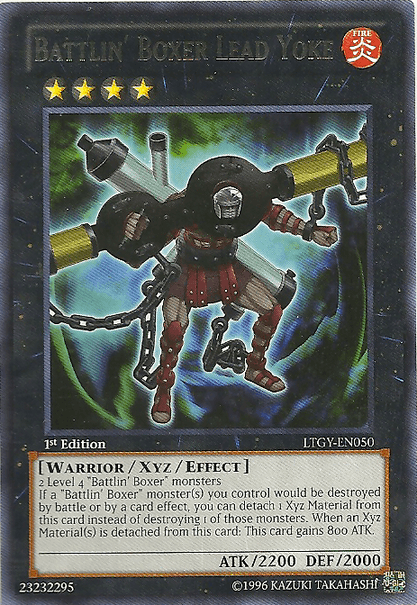 A "Battlin' Boxer Lead Yoke [LTGY-EN050] Rare" Yu-Gi-Oh! trading card from the Lord of the Tachyon Galaxy set. The card showcases an armored, muscular figure with chains, mechanical arms, and glowing eyes. It is a 1st Edition Xyz/Effect Monster with ATK 2200 and DEF 2000, featuring warrior effects in battles involving "Battlin'".