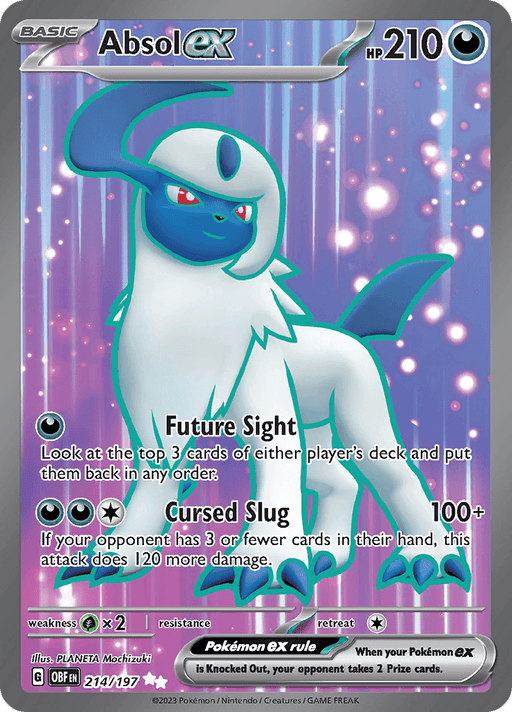 A Pokémon card features Absol ex (214/197) [Scarlet & Violet: Obsidian Flames] with 210 HP. The Ultra Rare card’s art shows Absol, a white and dark blue Pokémon with a scythe-like tail and a crescent horn on its head. Its moves are "Future Sight" and "Cursed Slug." The card has a holographic, colorful background from the Scarlet & Violet: Obsidian Flames series. Weakness is