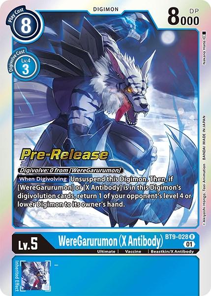 The image is a Digimon trading card titled WereGarurumon (X Antibody) [BT9-028] [X Record Pre-Release Promos]. It showcases a powerful blue werewolf with white fur and armor-like segments, encircled by blue energy swirls. The card text elaborates on its evolutionary paths and special abilities, prominently displaying 