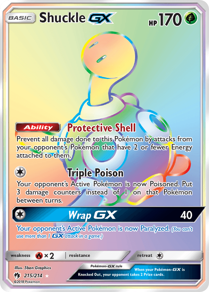 Image of a Pokémon trading card with Shuckle GX (215/214) [Sun & Moon: Lost Thunder]. The card details include: HP 170, an ability called 